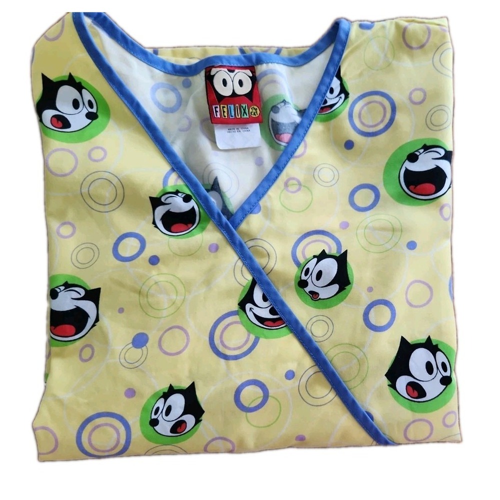 FUN! Felix The Cat Yellow Faux Surplice Scrub Top Cotton Blend 2-pocket MEDIUM